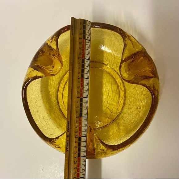 Vintage MCM Viking Amber Crackle Art Glass Ashtray Bowl Large 7.25” Heavy Dish - Picture 7 of 8